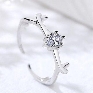 925 Sterling Silver Rhinestone Deer Horn Open Ring White - One Size