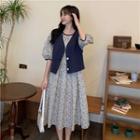 Single Breasted Blazer / Puff-sleeve Floral Chiffon Dress