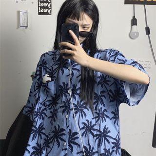 Elbow-sleeve Tree Print Shirt Blue - One Size