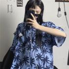 Elbow-sleeve Tree Print Shirt Blue - One Size