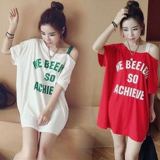 Off-shoulder Lettering Print Mini Dress