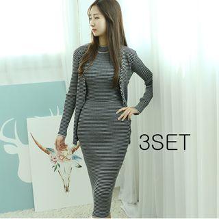 Set: Mock-neck Sleeveless Top + V-neck Cardigan + Band-waist Pencil Midi Skirt