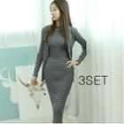 Set: Mock-neck Sleeveless Top + V-neck Cardigan + Band-waist Pencil Midi Skirt