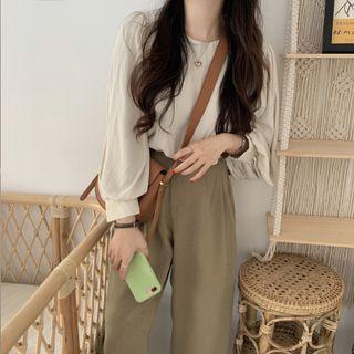 Puff-sleeve Plain Blouse / High-waist Plain Dress Pants