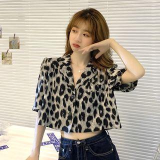 Elbow-sleeve Leopard Print Shirt Shirt - Black & Gray - One Size