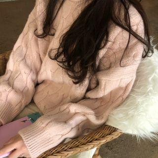 Plain Round-neck Cable-knit Sweater Cherry Pink - One Size