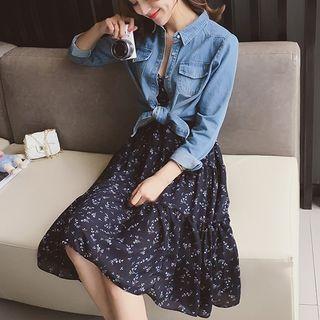 Set: Strappy Floral Chiffon A-line Dress + Denim Shirt