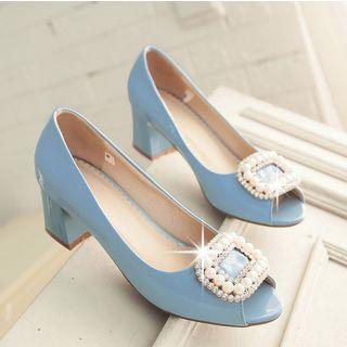 Embellished Buckle Peep Toe Pumps