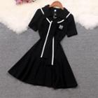 Short-sleeve Tie-front Mini A-line Dress Black - One Size