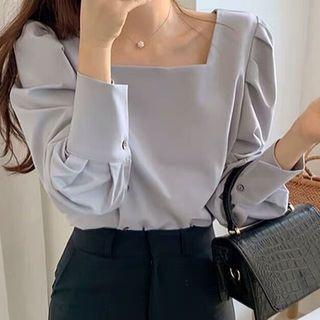 Puff-sleeve Square Neck Plain Side Single Breasted Blouse