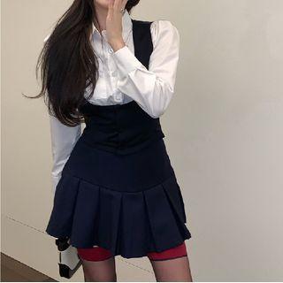 Plain Shirt / Vest / Pleated Mini A-line Skirt / Stockings