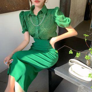 Puff-sleeve Collared Top / Midi Pencil Skirt