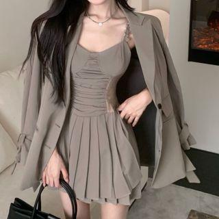 Plain Loose Fit Blazer / Spaghetti-strap Plain Panel Lace Pleated Dress