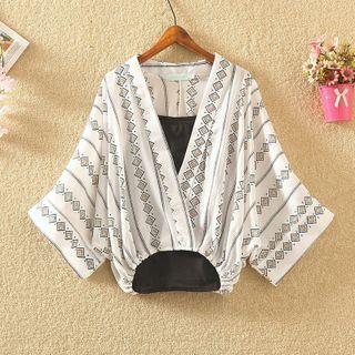 Set: Camisole Top + Elbow-sleeve Printed Blouse