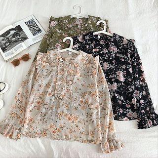 Floral Ruffled-trim Long-sleeve Blouse