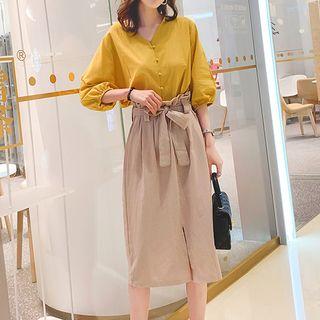 Set: Elbow-sleeve Blouse + Straight Fit Midi Skirt