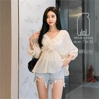 Gathered-waist Frilled V-neck Blouse