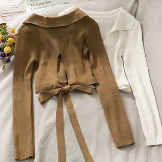 Collared Ribbon-back Crop Knit Top