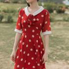 Dotted Short-sleeve Bow Tie Midi A-line Dress