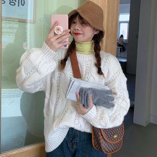 Mock-turtleneck Ribbed Knit Top / Cable Knit Sweater