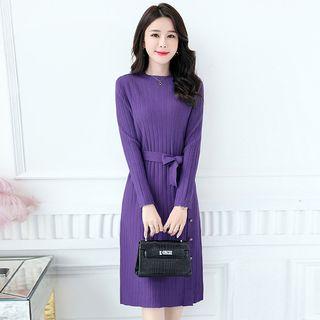 Tie-waist Button-detail A-line Sweater Dress