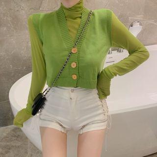 Set: Knit Vest + Long-sleeve Sheer Plain Top