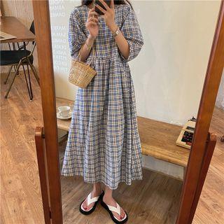 Elbow-sleeve Plaid Midi A-line Dress Plaid - Blue & White - One Size