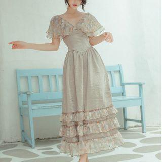 Cape-sleeve Maxi A-line Ruffle Trim Dress