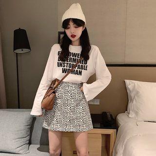 Long-sleeve Lettering T-shirt / Mini Leopard Print A-line Skirt