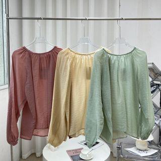 Long-sleeve Round-neck Plain Loose-fit Top