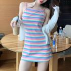 Light Jacket / Spaghetti Strap Rainbow Stripe Mini Dress