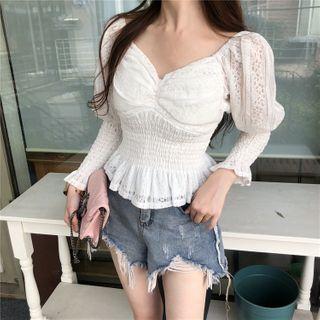 V-neck Smocked Lace Blouse As Shown In Figure - One Size