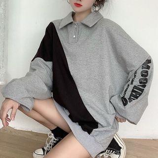 Lettering Paneled Polo Neck Pullover