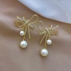 Rhinestone Bow Faux Pearl Dangle Earring 1 Pair - E2508 - Silver Needle - As Shown In Figure - One Size
