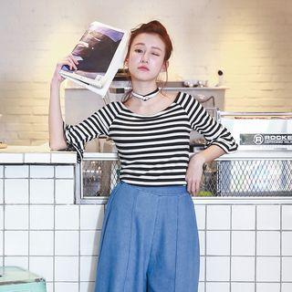 3/4-sleeve Striped Ruffled Top