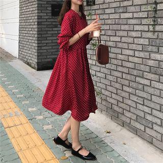 Long-sleeve Dotted Midi Dress / Denim Vest