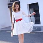 Elbow-sleeve Lace Panel A-line Party Dress