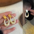 Resin Oval Dangle Earring 1612a - 1 Pair - Gold & Off-white - One Size
