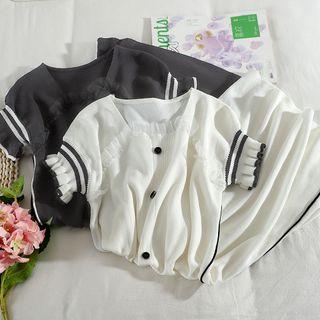Balloon-sleeve Ruffled A-line Knit Dress