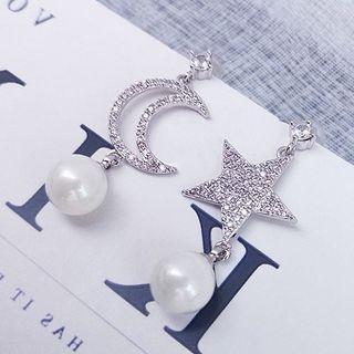 925 Sterling Silver Non-matching Faux Pearl Rhinestone Moon & Star Dangle Earring As Shown In Figure - One Size