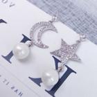 925 Sterling Silver Non-matching Faux Pearl Rhinestone Moon & Star Dangle Earring As Shown In Figure - One Size
