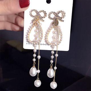 Rhinestone Bow Faux Pearl Fringed Earring Silver Needle - Gold - One Size