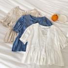 Plain Frayed Loose-fit Ruffled-trim Short-sleeve Blouse