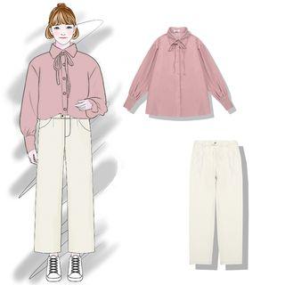 Tie-neck Blouse / Straight Cut Jeans