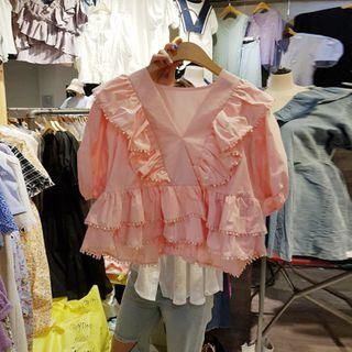 V-neck Ruffled Short-sleeve Tiered Blouse