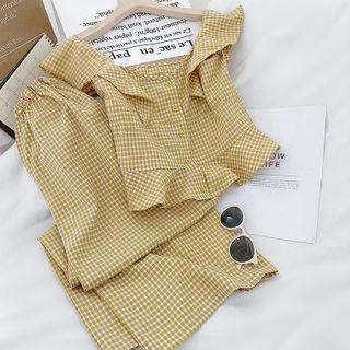 Set: Plaid Ruffle Hem Sleeveless Top + Wide-leg Pants
