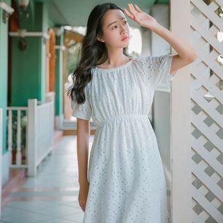 Cold Shoulder Short-sleeve A-line Midi Lace Dress
