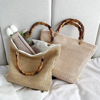 Bamboo Handle Woven Tote Bag