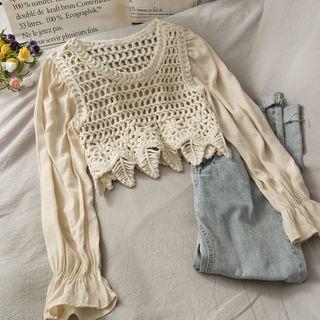Patchwork Open-knit Crop Top Almond - One Size
