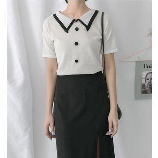 Contrast Trim Short Sleeve Collared Knit Top